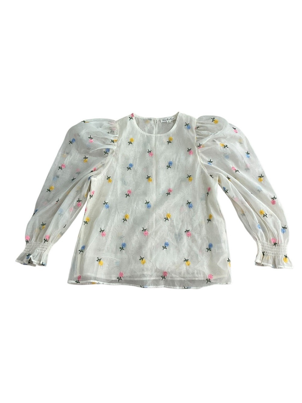 Ivory Floral Embroidered Organza Puff Sleeve Blouse Vine & Love Medium